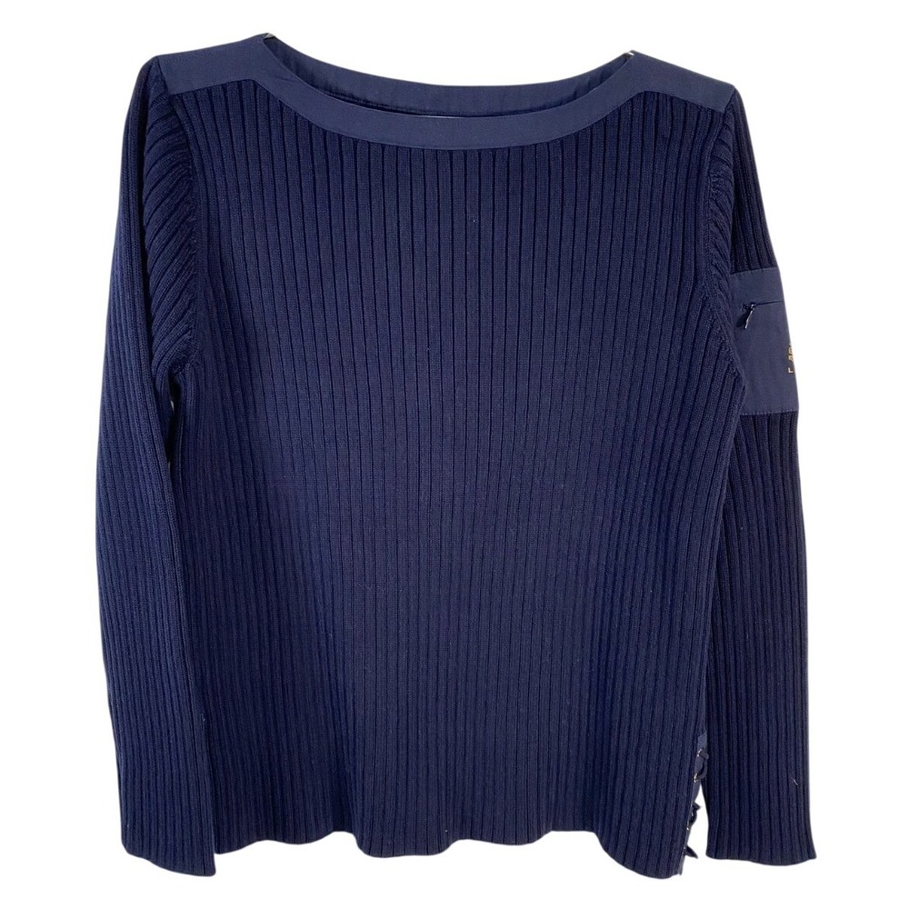 Lauren Ralph Lauren Sweater Womens Large Navy Ribbed Boatneck Anchor LRL Lace-Up
